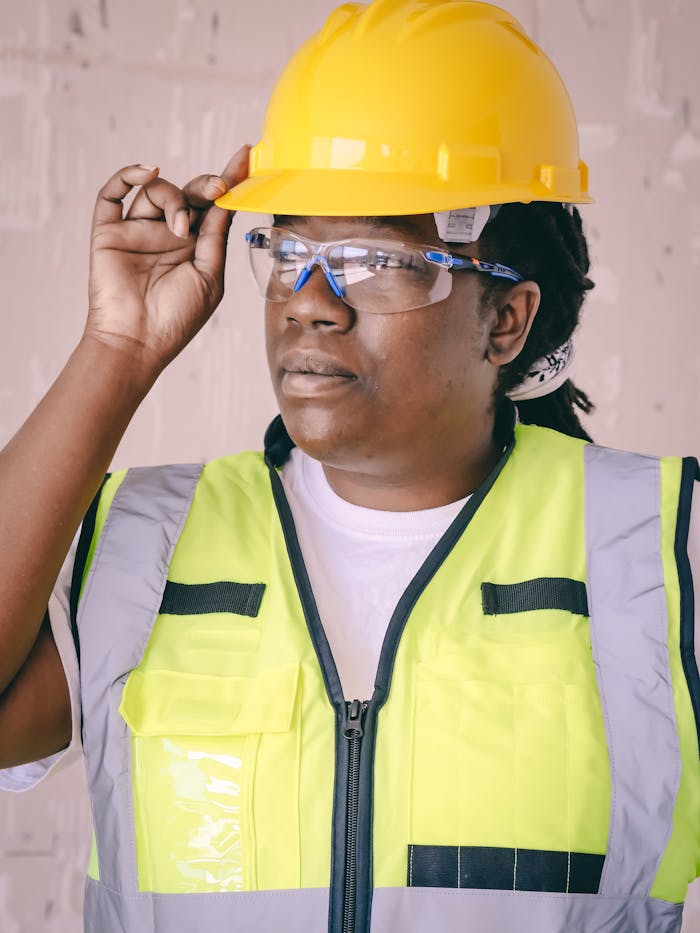 Black female engineer wearing a hardhat and safety vest at a construction site.