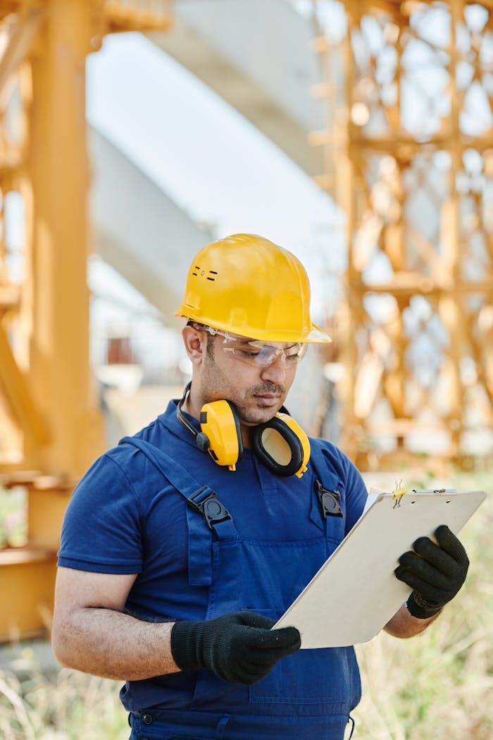 Construction engineer in safety gear reviewing plans at site.